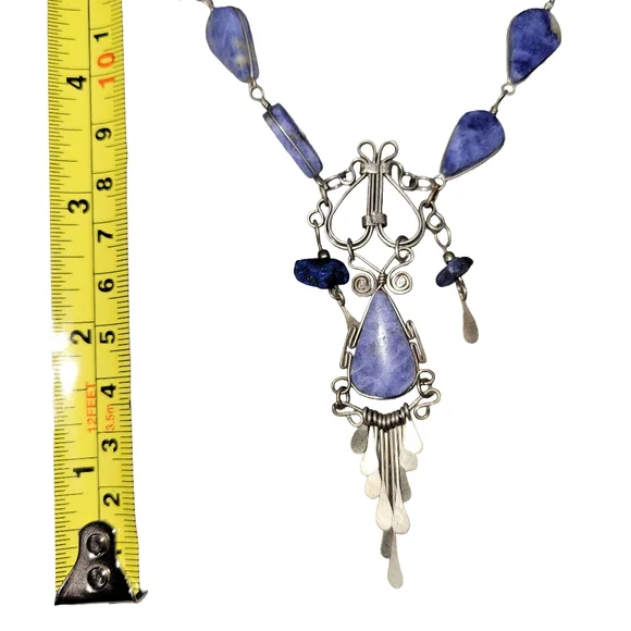 Vintage Artisan Blue Sodalite Teardrop Silvertone Dangle Statement Necklace